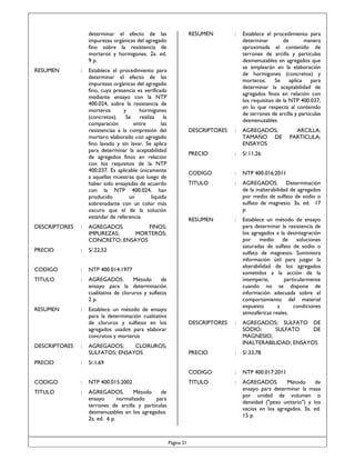 determinar el efecto de las
impurezas orgánicas del agregado
fino sobre la resistencia de
morteros y hormigones. 2a. ed.
9 p.
:

DESCRIPTORES

:

:
:

PRECIO

:

:

CODIGO

:

NTP 400.016:2011

TITULO

:

AGREGADOS. Determinación
de la inalterabilidad de agregados
por medio de sulfato de sodio o
sulfato de magnesio. 3a. ed. 17
p.

RESUMEN

:

Establece un método de ensayo
para determinar la resistencia de
los agregados a la desintegración
por medio de soluciones
saturadas de sulfato de sodio o
sulfato de magnesio. Suministra
información útil para juzgar la
alterabilidad de los agregados
sometidos a la acción de la
intemperie,
particularmente
cuando no se dispone de
información adecuada sobre el
comportamiento del material
expuesto
a
condiciones
atmosféricas reales.

DESCRIPTORES

:

AGREGADOS; SULFATO DE
SODIO;
SULFATO
DE
MAGNESIO;
INALTERABILIDAD; ENSAYOS

PRECIO

:

S/.33,78

:

NTP 400.017:2011

TITULO

Establece un método de ensayo
para la determinación cualitativa
de cloruros y sulfatos en los
agregados usados para elaborar
concretos y morteros

S/.11,26

:

AGREGADOS.
Método
de
ensayo para determinar la masa
por unidad de volumen o
densidad ("peso unitario") y los
vacíos en los agregados. 3a. ed.
15 p.

AGREGADOS.
Método
de
ensayo para la determinación
cualitativa de cloruros y sulfatos
2 p.

RESUMEN

:

NTP 400.014:1977

TITULO

AGREGADOS;
TAMAÑO DE
ENSAYOS

S/.22,52

CODIGO

:

AGREGADOS
FINOS;
IMPUREZAS;
MORTEROS;
CONCRETO; ENSAYOS

PRECIO

Establece el procedimiento para
determinar
de
manera
aproximada el contenido de
terrones de arcilla y partículas
desmenuzables en agregados que
se emplearán en la elaboración
de hormigones (concretos) y
morteros.
Se
aplica
para
determinar la aceptabilidad de
agregados finos en relación con
los requisitos de la NTP 400.037,
en lo que respecta al contenido
de terrones de arcilla y partículas
desmenuzables

DESCRIPTORES

Establece el procedimiento para
determinar el efecto de las
impurezas orgánicas del agregado
fino, cuya presencia es verificada
mediante ensayo con la NTP
400.024, sobre la resistencia de
morteros
y
hormigones
(concretos).
Se
realiza la
comparación
entre
las
resistencias a la compresión del
mortero elaborado con agregado
fino lavado y sin lavar. Se aplica
para determinar la aceptabilidad
de agregados finos en relación
con los requisitos de la NTP
400.037. Es aplicable únicamente
a aquellas muestras que luego de
haber sido ensayadas de acuerdo
con la NTP 400.024, han
producido
un
líquido
sobrenadante con un color más
oscuro que el de la solución
estándar de referencia

:

CODIGO

RESUMEN

RESUMEN

DESCRIPTORES
PRECIO

:
:

AGREGADOS;
CLORUROS;
SULFATOS; ENSAYOS

ARCILLA;
PARTICULA;

S/.1,69

CODIGO

:

NTP 400.015:2002

TITULO

:

AGREGADOS.
Método
de
ensayo
normalizado
para
terrones de arcilla y partículas
desmenuzables en los agregados.
2a. ed. 6 p.

Página 21

 