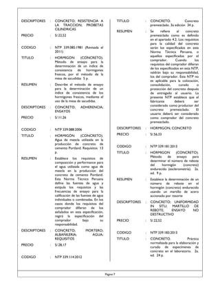 DESCRIPTORES

:

CONCRETO; RESISTENCIA A
LA TRACCION; PROBETAS
CILINDRICAS

PRECIO

:

S/.22,52

CODIGO

:

NTP 339.085:1981 (Revisada el
2011)

TITULO

:

HORMIGON
(CONCRETO).
Método de ensayo para la
determinación de un índice de
consistencia de hormigones
frescos, por el método de la
mesa de sacudidas 5 p.

RESUMEN

:

Describe el método de ensayo
para la determinación de un
índice de consistencia de los
hormigones frescos, mediante el
uso de la mesa de sacudidas.

DESCRIPTORES

:

CONCRETO;
ENSAYOS

PRECIO

:

S/.11,26

CODIGO

:

TITULO

:

RESUMEN

DESCRIPTORES

:

:

TITULO

:

CONCRETO.
Concreto
premezclado. 3a edición 34 p.

RESUMEN

:

Se
refiere
al
concreto
premezclado como es definido
en el apartado 4.2. Los requisitos
para la calidad del concreto
serán los especificados en esta
Norma Técnica Peruana, o
aquellos especificados por el
comprador.
Cuando
los
requisitos del comprador difieran
de los especificados en esta NTP,
valdrán bajo su responsabilidad,
los del comprador. Esta NTP no
es aplicable para la colocación,
consolidación,
curado
o
protección del concreto después
de entregado al usuario. La
presente NTP establece que el
fabricante
deberá
ser
considerado como productor del
concreto
premezclado.
El
usuario deberá ser considerado
como comprador del concreto
premezclado.

NTP 339.088:2006

DESCRIPTORES

:

HORMIGON; CONCRETO

HORMIGÓN
(CONCRETO).
Agua de mezcla utilizada en la
producción de concreto de
cemento Portland. Requisitos 13
p.

PRECIO

:

S/.56,33

CODIGO

:

NTP 339.181:2013

TITULO

:

HORMIGON
(CONCRETO).
Método
de
ensayo
para
determinar el número de rebote
del
hormigón
(concreto)
endurecido (esclerometría). 2a.
ed. 9 p.

RESUMEN

:

Establece la determinación de un
número de rebote en el
hormigón (concreto) endurecido
usando un martillo de acero
accionado por resorte

DESCRIPTORES

:

CONCRETO; UNIFORMIDAD
IN SITU; MARTILLO DE
REBOTE;
ENSAYO
NO
DESTRUCTIVO

PRECIO

:

S/.22,52

CODIGO

:

NTP 339.183:2013

TITULO

:

CONCRETO.
Práctica
normalizada para la elaboración y
curado de especímenes de
concreto en el laboratorio. 2a.
ed. 24 p.

ADHERENCIA;

Establece los requisitos de
composición y performance para
el agua utilizada como agua de
mezcla en la producción del
concreto de cemento Portland.
Esta Norma Técnica Peruana
define las fuentes de agua y
estipula los requisitos y las
frecuencias de ensayo para la
calificación de las fuentes de agua
individuales o combinadas. En los
casos donde los requisitos del
comprador difieran de los
señalados en esta especificación,
regirá la especificación del
comprador
bajo
su
responsabilidad.
CONCRETO;
ALBAÑILERIA;
REQUISITOS

PRECIO

:

S/.28,17

CODIGO

:

MORTERO;
AGUA;

NTP 339.114:2012

Página 7

 