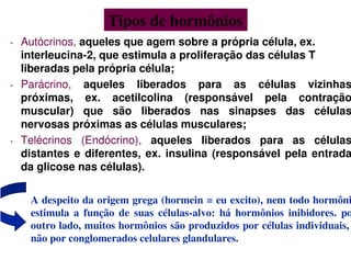 • Autócrinos, aqueles que agem sobre a própria célula, ex.
interleucina-2, que estimula a proliferação das células T
liberadas pela própria célula;
• Parácrino, aqueles liberados para as células vizinhas
próximas, ex. acetilcolina (responsável pela contração
muscular) que são liberados nas sinapses das células
nervosas próximas as células musculares;
• Telécrinos (Endócrino), aqueles liberados para as células
distantes e diferentes, ex. insulina (responsável pela entrada
da glicose nas células).
Tipos de hormônios
A despeito da origem grega (hormein = eu excito), nem todo hormôni
estimula a função de suas células-alvo: há hormônios inibidores. po
outro lado, muitos hormônios são produzidos por células individuais,
não por conglomerados celulares glandulares.
 