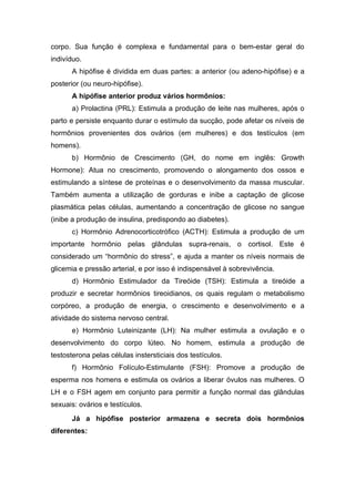 corpo. Sua função é complexa e fundamental para o bem-estar geral do
indivíduo.
       A hipófise é dividida em duas partes: a anterior (ou adeno-hipófise) e a
posterior (ou neuro-hipófise).
       A hipófise anterior produz vários hormônios:
       a) Prolactina (PRL): Estimula a produção de leite nas mulheres, após o
parto e persiste enquanto durar o estímulo da sucção, pode afetar os níveis de
hormônios provenientes dos ovários (em mulheres) e dos testículos (em
homens).
       b) Hormônio de Crescimento (GH, do nome em inglês: Growth
Hormone): Atua no crescimento, promovendo o alongamento dos ossos e
estimulando a síntese de proteínas e o desenvolvimento da massa muscular.
Também aumenta a utilização de gorduras e inibe a captação de glicose
plasmática pelas células, aumentando a concentração de glicose no sangue
(inibe a produção de insulina, predispondo ao diabetes).
       c) Hormônio Adrenocorticotrófico (ACTH): Estimula a produção de um
importante hormônio pelas glândulas supra-renais, o cortisol. Este é
considerado um “hormônio do stress”, e ajuda a manter os níveis normais de
glicemia e pressão arterial, e por isso é indispensável à sobrevivência.
       d) Hormônio Estimulador da Tireóide (TSH): Estimula a tireóide a
produzir e secretar hormônios tireoidianos, os quais regulam o metabolismo
corpóreo, a produção de energia, o crescimento e desenvolvimento e a
atividade do sistema nervoso central.
       e) Hormônio Luteinizante (LH): Na mulher estimula a ovulação e o
desenvolvimento do corpo lúteo. No homem, estimula a produção de
testosterona pelas células instersticiais dos testículos.
       f) Hormônio Folículo-Estimulante (FSH): Promove a produção de
esperma nos homens e estimula os ovários a liberar óvulos nas mulheres. O
LH e o FSH agem em conjunto para permitir a função normal das glândulas
sexuais: ovários e testículos.
       Já a hipófise posterior armazena e secreta dois hormônios
diferentes:
 