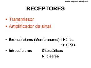 Nereide Magalhães, DBioq, UFPE




            RECEPTORES
• Transmissor
• Amplificador de sinal

• Extracelulares (Membranares) 1 Hélice
                                7 Hélices
• Intracelulares    Citossólicos
                    Nucleares
 