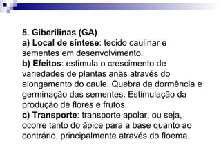 5. Giberilinas (GA) a) Local de síntese : tecido caulinar e sementes em desenvolvimento. b) Efeitos : estimula o crescimento de variedades de plantas anãs através do alongamento do caule. Quebra da dormência e germinação das sementes. Estimulação da produção de flores e frutos. c) Transporte : transporte apolar, ou seja, ocorre tanto do ápice para a base quanto ao contrário, principalmente através do floema.  