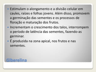Giberelina
 Estimulam o alongamento e a divisão celular em
caules, raízes e folhas jovens. Além disso, promovem
a germinação das sementes e os processos de
floração e maturação dos frutos.
 Incrementam o crescimento dos talos, interrompem
o período de latência das sementes, fazendo-as
germinar.
 É produzida na zona apical, nos frutos e nas
sementes.
 