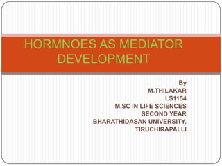HORMNOES AS MEDIATOR
    DEVELOPMENT
                                 By
                        M.THILAKAR
                             LS1154
             M.SC IN LIFE SCIENCES
                     SECOND YEAR
        BHARATHIDASAN UNIVERSITY,
                   TIRUCHIRAPALLI
 