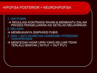 HIPOFISA POSTERIOR = NEUROHIPOFISA


  1. OXYTOSIN
   REGULASI KONTRAKSI RAHIM & MEMBANTU DALAM
     PROSES PENGELUARAN ASI SETELAH MELAHIRKAN
  2. RELAXIN
   MEMBUKANYA SIMPHISIS PUBIS
  3. ADH = ANTI DIURETIKA HORMONE/ PITRESSIN/
     VASOPRESSIN
   MENCEGAH AGAR URIN YANG KELUAR TIDAK
     TERLALU BANYAK ( IN PUT = OUT PUT)
 