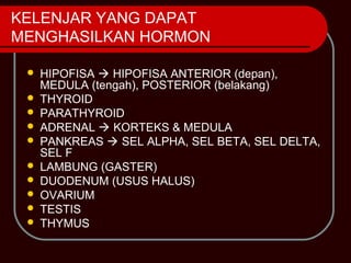 KELENJAR YANG DAPAT
MENGHASILKAN HORMON

    HIPOFISA  HIPOFISA ANTERIOR (depan),
     MEDULA (tengah), POSTERIOR (belakang)
    THYROID
    PARATHYROID
    ADRENAL  KORTEKS & MEDULA
    PANKREAS  SEL ALPHA, SEL BETA, SEL DELTA,
     SEL F
    LAMBUNG (GASTER)
    DUODENUM (USUS HALUS)
    OVARIUM
    TESTIS
    THYMUS
 