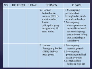 NO KELENJAR LETAK HORMON FUNGSI
2. Hormon
Pertumbuhan
manusia (HGH)/
somatomedin:
Rantai
polipeptida yang
mengandung 191
asam amino
1. Merangsang
pertumbuhan
kerangka dan tubuh
secara keseluruhan
2. Merangsang
sintesisprotein dan
metabolisme lemak,
serta merangsang
pertumbuhan tulang
otot, dan jaringan
ikat lainnya
3. Hormon
Perangsang Folikel
(FSH): Bekerja
pada gonad
1. Merangsang
spermatogenesis
2. Merangsang
pematangan folikel
dalam ovarium
3. Menghasilkan
hormone estrogen
 