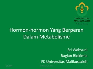 Hormon-hormon Yang Berperan
Dalam Metabolisme
Sri Wahyuni
Bagian Biokimia
FK Universitas Malikussaleh
7/11/2023 Sri Wahyuni,dr, M.Sc. 1
 
