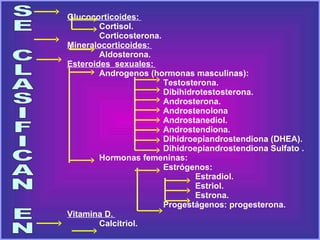 Glucocorticoides:  Cortisol.  Corticosterona.  Mineralocorticoides:  Aldosterona.  Esteroides  sexuales:  Androgenos (hormonas masculinas):  Testosterona.  Dibihidrotestosterona.  Androsterona.  Androstenolona  Androstanediol.  Androstendiona.  Dihidroepiandrostendiona (DHEA).  Dihidroepiandrostendiona Sulfato .  Hormonas femeninas:  Estrógenos:  Estradiol.  Estriol.  Estrona.  Progestágenos: progesterona.  Vitamina D.  Calcitriol.  SE CLASIFICAN EN 