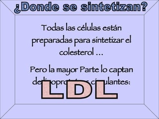 ¿Donde se sintetizan? Todas las células están preparadas para sintetizar el colesterol … Pero la mayor Parte lo captan de lipoproteínas circulantes: LDL 