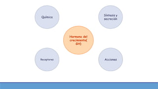 Hormona del
crecimiento(
GH)
Receptores
Química
Síntesis y
secreción
Acciones
 