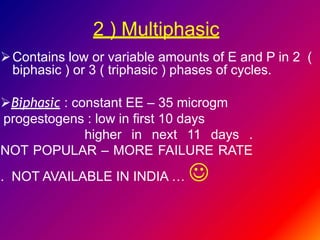2 ) Multiphasic
Contains low or variable amounts of E and P in 2 (
biphasic ) or 3 ( triphasic ) phases of cycles.
Biphasic : constant EE – 35 microgm
progestogens : low in first 10 days
higher in next 11 days .
NOT POPULAR – MORE FAILURE RATE
. NOT AVAILABLE IN INDIA … 
 