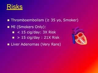 Risks
 Thromboembolism (≥ 35 yo, Smoker)
 MI (Smokers Only):
 < 15 cig/day: 3X Risk
 > 15 cig/day : 21X Risk
 Liver Adenomas (Very Rare)
 