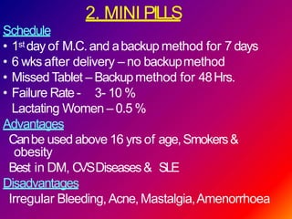 2. MINI PILLS
Schedule
• 1st day of M.C.and abackup method for 7 days
• 6 wks after delivery – no backupmethod
• Missed Tablet – Backupmethod for 48Hrs.
• Failure Rate - 3- 10 %
Lactating Women – 0.5 %
Advantages
Canbe used above 16 yrs of age,Smokers&
obesity
Best in DM, CVSDiseases& SLE
Disadvantages
Irregular Bleeding,Acne, Mastalgia,Amenorrhoea
 