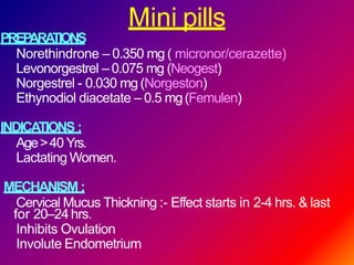 Mini pills
PREPARATIONS
Norethindrone – 0.350 mg ( micronor/cerazette)
Levonorgestrel – 0.075 mg (Neogest)
Norgestrel - 0....