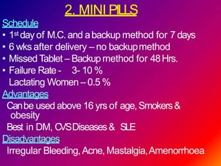 2. MINI PILLS
Schedule
• 1st day of M.C.and abackup method for 7 days
• 6 wks after delivery – no backupmethod
• Missed Ta...