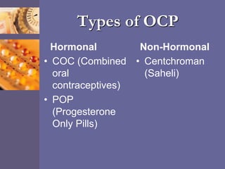 Types of OCP
Hormonal
• COC (Combined
oral
contraceptives)
• POP
(Progesterone
Only Pills)
Non-Hormonal
• Centchroman
(Saheli)
 