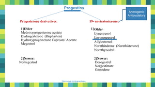 16
Hormonal contraceptives
Progesterone derivatives: 19- nortestosterone:
1]Older 1]
Medroxyprogesterone acetate
Dydrogesterone (Duphaston)
Hydroxyprogesterone Caproate/ Acetate
Megestrol
2]Newer: 2]Newer:
Nomegestrol Desogestrel
Norgestimate
Gestodene
Older
Lynestrenol
Levonorgestrel
Allylestrenol
Norethindrone (Norethisterone)
Norethynodrel
Progestins
Androgenic
Antiovulatory
 