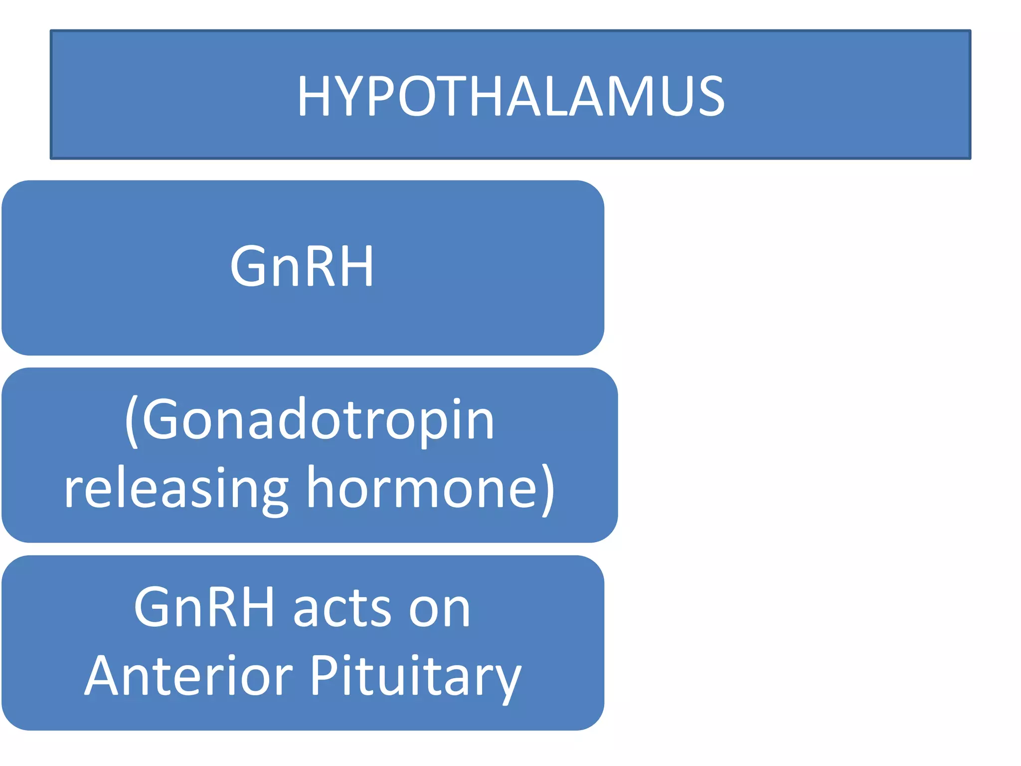 HYPOTHALAMUS
GnRH
(Gonadotropin
releasing hormone)
GnRH acts on
Anterior Pituitary
 