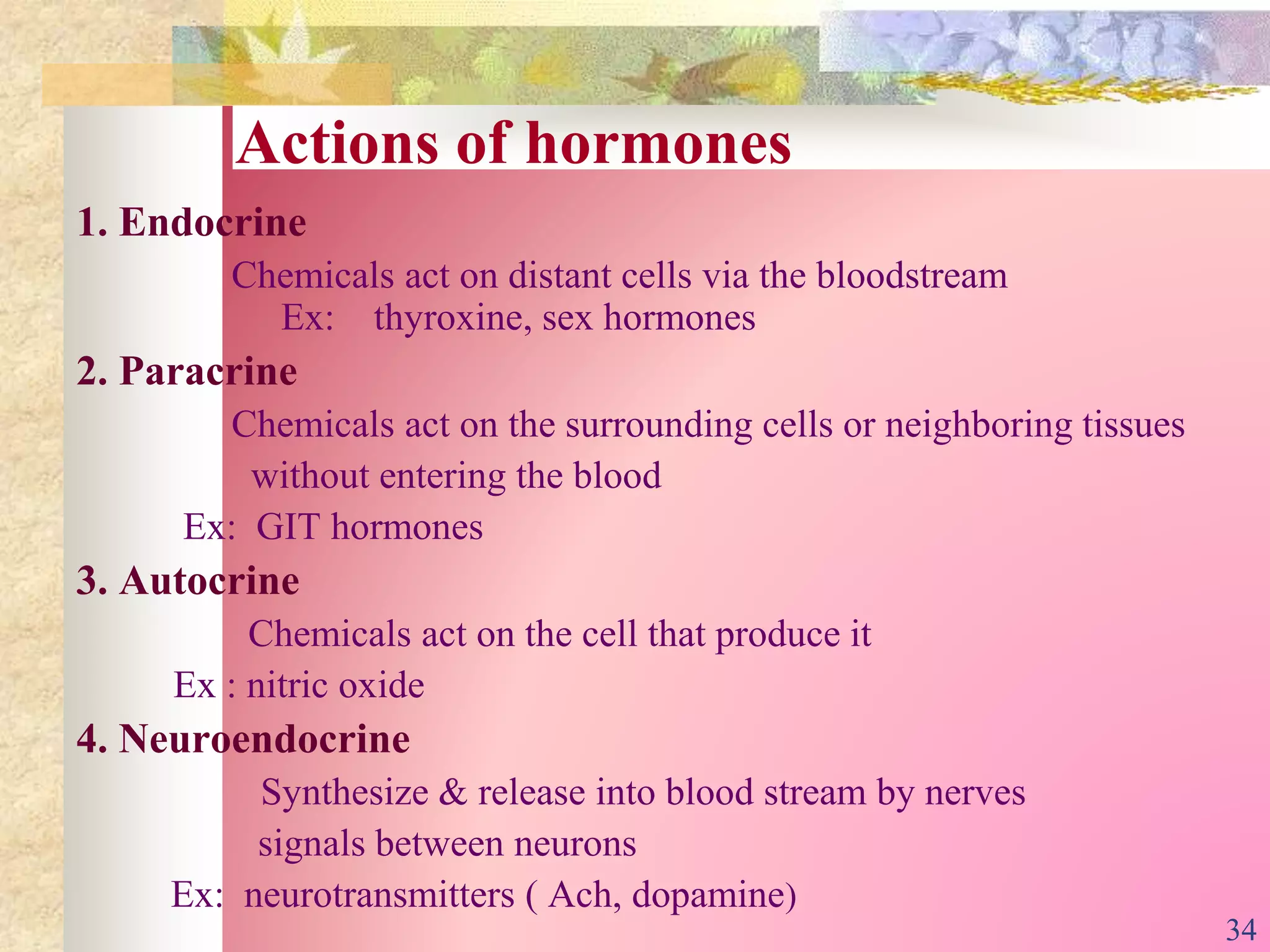 1. Endocrine
Chemicals act on distant cells via the bloodstream
Ex: thyroxine, sex hormones
2. Paracrine
Chemicals act on the surrounding cells or neighboring tissues
without entering the blood
Ex: GIT hormones
3. Autocrine
Chemicals act on the cell that produce it
Ex : nitric oxide
4. Neuroendocrine
Synthesize & release into blood stream by nerves
signals between neurons
Ex: neurotransmitters ( Ach, dopamine)
Actions of hormones
34
 