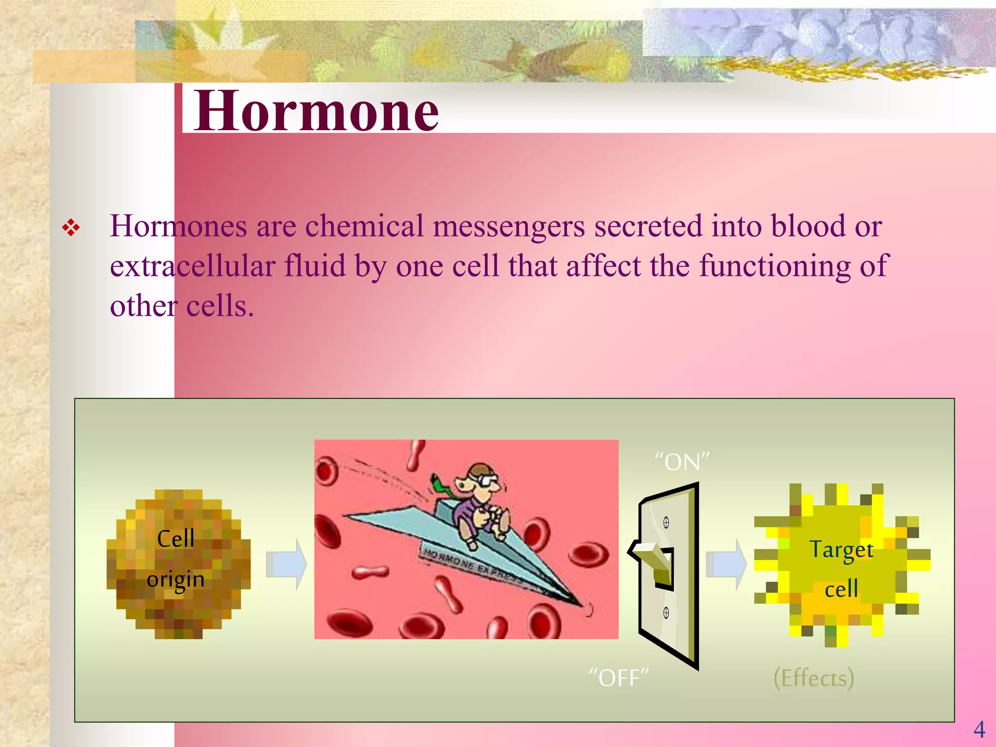 Hormone
 Hormones are chemical messengers secreted into blood or
extracellular fluid by one cell that affect the functioning of
other cells.
“ON”
“OFF”
Target
cell
Cell
origin
(Effects)
4
 