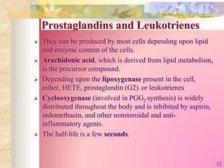 Prostaglandins and Leukotrienes
 They can be produced by most cells depending upon lipid
and enzyme content of the cells.
 Arachidonic acid, which is derived from lipid metabolism,
is the precursor compound.
 Depending upon the lipoxygenase present in the cell,
either, HETE, prostaglandin (G2) or leukotrienes
 Cyclooxygenase (involved in PGG2 synthesis) is widely
distributed throughout the body and is inhibited by aspirin,
indomethacin, and other nonsteroidal and anti-
inflammatory agents.
 The half-life is a few seconds.
32
 