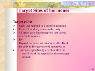 Target Sites of hormones
Target cells:
 Cells that respond to a specific hormone
 Can be found anywhere in the body
 All target cells have receptors that detect
specific hormones
 Ex:
Thyroid hurmone act on almost all cells of
the body to increase rate of metabolism
 Hormones specifically affect or alter the
activities of the responsive tissue (target
tissue).
33
 