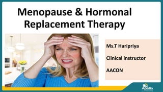 Menopause & Hormonal
Replacement Therapy
Ms.T Haripriya
Clinical instructor
AACON
 
