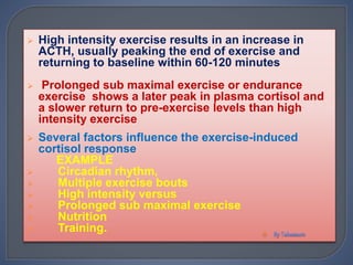 High intensity exercise results in an increase in
ACTH, usually peaking the end of exercise and
returning to baseline within 60-120 minutes
 Prolonged sub maximal exercise or endurance
exercise shows a later peak in plasma cortisol and
a slower return to pre-exercise levels than high
intensity exercise
 Several factors influence the exercise-induced
cortisol response
EXAMPLE
 Circadian rhythm,
 Multiple exercise bouts
 High intensity versus
 Prolonged sub maximal exercise
 Nutrition
 Training. 
 