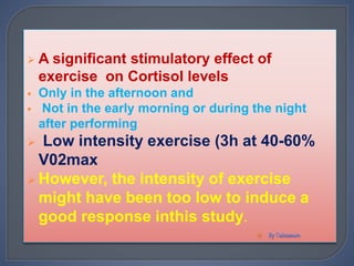  A significant stimulatory effect of
exercise on Cortisol levels
 Only in the afternoon and
 Not in the early morning or during the night
after performing
 Low intensity exercise (3h at 40-60%
V02max
 However, the intensity of exercise
might have been too low to induce a
good response inthis study.

 