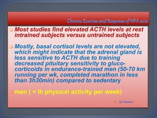  Most studies find elevated ACTH levels at rest
intrained subjects versus untrained subjects
 Mostly, basal cortisol levels are not elevated,
which might indicate that the adrenal gland is
less sensitive to ACTH due to training
decreased pituitary sensitivity to gluco-
corticoids in endurance-trained men (50-70 km
running per wk, completed marathon in less
than 3h30min) compared to sedentary
 men ( < lh physical activity per week)

 