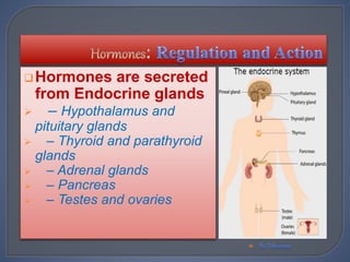Hormones are secreted
from Endocrine glands
 – Hypothalamus and
pituitary glands
 – Thyroid and parathyroid
glands
 – Adrenal glands
 – Pancreas
 – Testes and ovaries

 