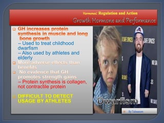 – Used to treat childhood
dwarfism
– Also used by athletes and
elderly

– Protein synthesis is collagen,
not contractile protein

 