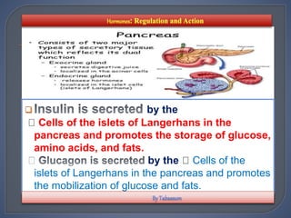  by the
Cells of the islets of Langerhans in the
pancreas and promotes the storage of glucose,
amino acids, and fats.
by the Cells of the
islets of Langerhans in the pancreas and promotes
the mobilization of glucose and fats.
 