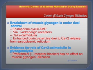 – Epinephrine-cyclic AMP
Via -adrenergic receptors
– Ca+2-calmodulin
Enhanced during exercise due to Ca+2 release
from sarcoplasmic reticulum
– Propranolol ( -receptor blocker) has no effect on
muscle glycogen utilization
Hormonal Control of Substrate Mobilization During Exercise
 