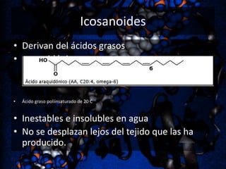 Icosanoides
• Derivan del ácidos grasos
• araquidónico

•

Ácido graso poliinsaturado de 20 C

• Inestables e insolubles en agua
• No se desplazan lejos del tejido que las ha
producido.

 