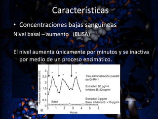Características
• Concentraciones bajas sanguíneas
Nivel basal – aumento (ELISA)
El nivel aumenta únicamente por minutos y se inactiva
por medio de un proceso enzimático.

 
