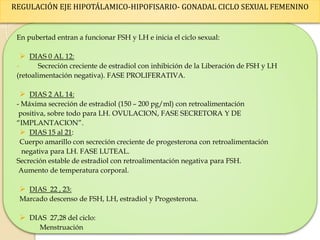 En pubertad entran a funcionar FSH y LH e inicia el ciclo sexual:
 DIAS 0 AL 12:
- Secreción creciente de estradiol con inhibición de la Liberación de FSH y LH
(retoalimentación negativa). FASE PROLIFERATIVA.
 DIAS 2 AL 14:
- Máxima secreción de estradiol (150 – 200 pg/ml) con retroalimentación
positiva, sobre todo para LH. OVULACION, FASE SECRETORA Y DE
“IMPLANTACION”.
 DIAS 15 al 21:
Cuerpo amarillo con secreción creciente de progesterona con retroalimentación
negativa para LH. FASE LUTEAL.
Secreción estable de estradiol con retroalimentación negativa para FSH.
Aumento de temperatura corporal.
 DIAS 22 , 23:
Marcado descenso de FSH, LH, estradiol y Progesterona.
 DIAS 27,28 del ciclo:
Menstruación
REGULACIÓN EJE HIPOTÁLAMICO-HIPOFISARIO- GONADAL CICLO SEXUAL FEMENINO
 
