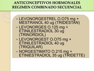 ANTICONCEPTIVOS HORMONALES
REGIMEN COMBINADO SECUENCIAL
 LEVONORGESTREL O.O75 mg +
MESTRANOL 40 ug (TRIDESTAN)
 LEVONORGES O.125 mg +
ETINILESTRADIOL 30 ug
(TRINORDIOL)
 LEVONORGEST O.O75 mg +
ETINILESTRADIOL 40 ug
(TRIQUILAR)
 NORGESTIMATO O.215 mg +
ETINIESTRADIOL 35 ug (TRIDETTE)
 