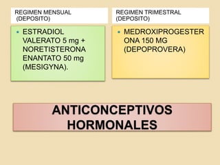 ANTICONCEPTIVOS
HORMONALES
REGIMEN MENSUAL
(DEPOSITO)
REGIMEN TRIMESTRAL
(DEPOSITO)
 ESTRADIOL
VALERATO 5 mg +
NORETISTERONA
ENANTATO 50 mg
(MESIGYNA).
 MEDROXIPROGESTER
ONA 150 MG
(DEPOPROVERA)
 
