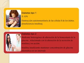 Diabetes tipo 1
5-10%
Destrucción autoinmunitaria de las células ß de los islotes,
(insuficiencia insulina)
Diabetes tipo 2
Síndrome heterogéneo de alteración de la homeostasis de la
glucosa , relacionada con la alteración de la secreción de
insulina y su acción.
Insulina insuficiente mantener concentración de glucosa
plasmática en un intervalo
 