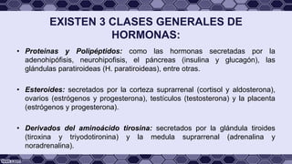 EXISTEN 3 CLASES GENERALES DE
HORMONAS:
• Proteinas y Polipéptidos: como las hormonas secretadas por la
adenohipófisis, neurohipofisis, el páncreas (insulina y glucagón), las
glándulas paratiroideas (H. paratiroideas), entre otras.
• Esteroides: secretados por la corteza suprarrenal (cortisol y aldosterona),
ovarios (estrógenos y progesterona), testículos (testosterona) y la placenta
(estrógenos y progesterona).
• Derivados del aminoácido tirosina: secretados por la glándula tiroides
(tiroxina y triyodotironina) y la medula suprarrenal (adrenalina y
noradrenalina).
 