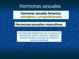Hormonas sexuales Hormonas sexuales femenina : estrogenas y progestacionales Hormonas   sexuales masculinas Son producidas especialmente por los órganos de reproducción: ovarios y testículos. Regulan los procesos sexuales y producen los caracteres sexuales secundarios 