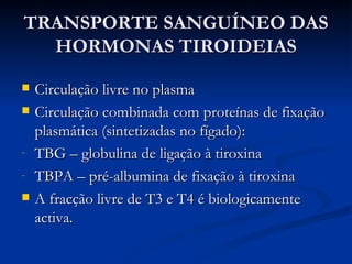 TRANSPORTE SANGUÍNEO DAS HORMONAS TIROIDEIAS Circulação livre no plasma Circulação combinada com proteínas de fixação plasmática (sintetizadas no fígado): TBG – globulina de ligação à tiroxina TBPA – pré-albumina de fixação à tiroxina A fracção livre de T3 e T4 é biologicamente activa. 