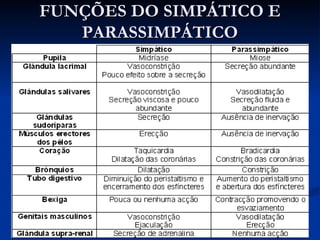 FUNÇÕES DO SIMPÁTICO E PARASSIMPÁTICO 