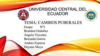 UNIVERSIDAD CENTRAL DEL
ECUADOR
TEMA: CAMBIOS PUBERALES
Grupo Nº3
Brandon Ordoñez
Ángelo Vizcaíno
Betzaida García
Andrés Esparza
Dayana Moya
 