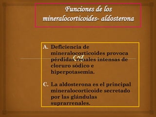 A. Deficiencia de
   mineralocorticoides provoca
   pérdidas renales intensas de
   cloruro sódico e
   hiperpotasemia.

C. La aldosterona es el principal
   mineralocorticoide secretado
   por las glándulas
   suprarrenales.
 
