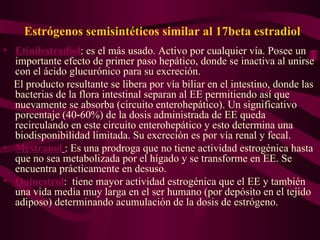 Estrógenos semisintéticos similar al 17beta estradiol Etinilestradiol : es el más usado. Activo por cualquier vía. Posee un importante efecto de primer paso hepático, donde se inactiva al unirse con el ácido glucurónico para su excreción.  El producto resultante se libera por vía biliar en el intestino, donde las bacterias de la flora intestinal separan al EE permitiendo así que nuevamente se absorba (circuito enterohepático). Un significativo porcentaje (40‑60%) de la dosis administrada de EE queda recirculando en este circuito enterohepático y esto determina una biodisponibilidad limitada. Su excreción es por vía renal y fecal. Mestranol   : Es una prodroga que no tiene actividad estrogénica hasta que no sea metabolizada por el hígado y se transforme en EE. Se encuentra prácticamente en desuso. Quinestrol :  tiene mayor actividad estrogénica que el EE y también una vida media muy larga en el ser humano (por depósito en el tejido adiposo) determinando acumulación de la dosis de estrógeno.  