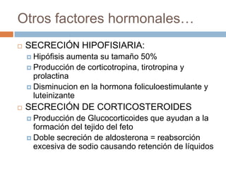 Otros factores hormonales…
   SECRECIÓN HIPOFISIARIA:
     Hipófisis aumenta su tamaño 50%
     Producción de corticotropina, tirotropina y
      prolactina
     Disminucion en la hormona foliculoestimulante y
      luteinizante
   SECRECIÓN DE CORTICOSTEROIDES
     Producción de Glucocorticoides que ayudan a la
      formación del tejido del feto
     Doble secreción de aldosterona = reabsorción
      excesiva de sodio causando retención de líquidos
 