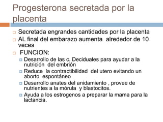 Progesterona secretada por la
placenta
   Secretada engrandes cantidades por la placenta
   AL final del embarazo aumenta alrededor de 10
    veces
    FUNCION:
     Desarrollo de las c. Deciduales para ayudar a la
      nutrición del embrión
     Reduce la contractibilidad del utero evitando un
      aborto espontáneo
     Desarrollo anates del anidamiento , provee de
      nutrientes a la mórula y blastocitos.
     Ayuda a los estrogenos a preparar la mama para la
      lactancia.
 